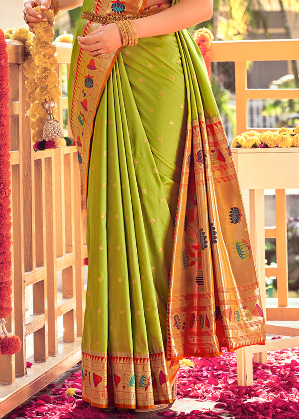 Buy MySilkLove Lemon Ginger Green Woven Paithani Silk Saree Online