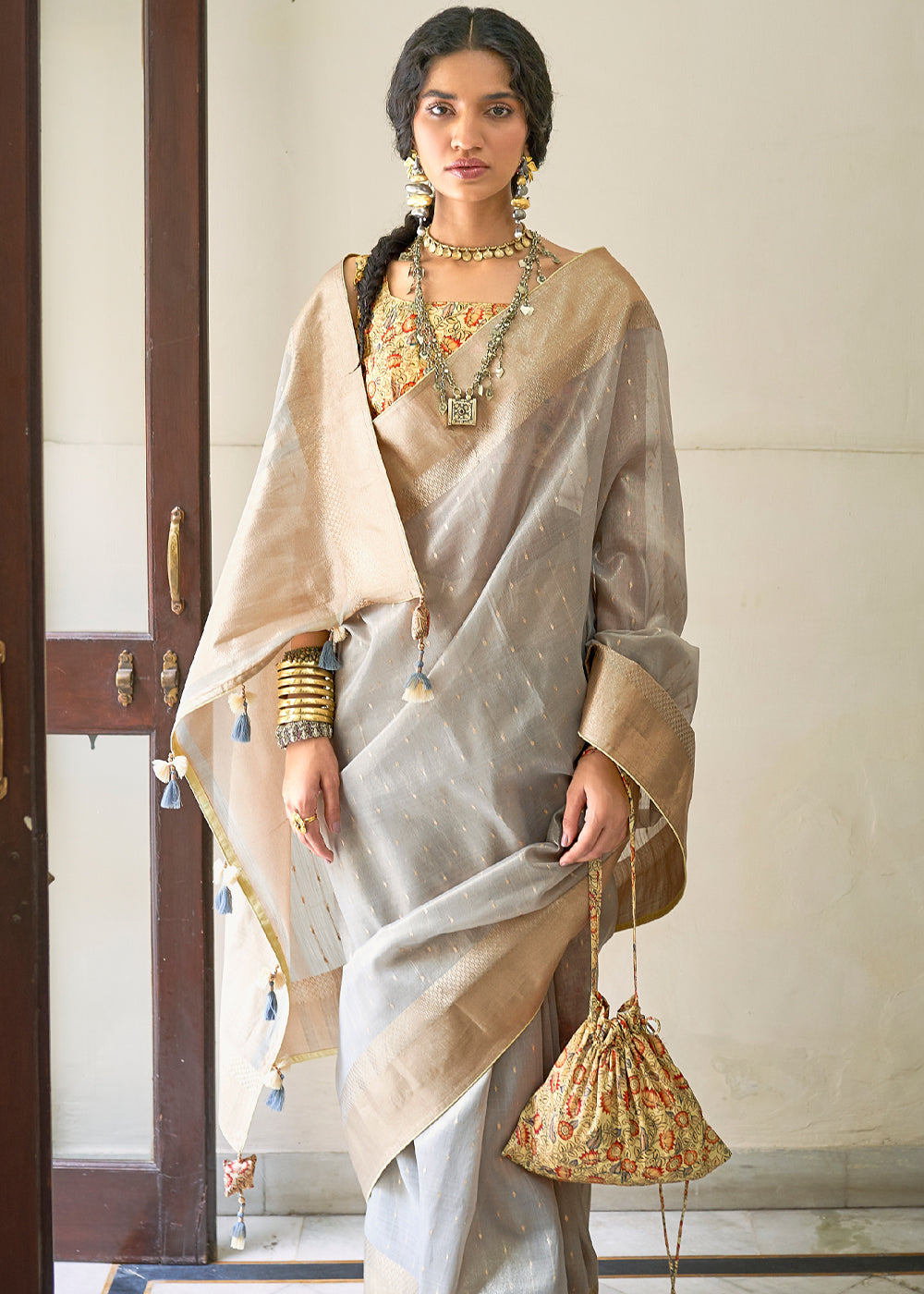 Buy MySilkLove Nomad Grey Tissue Silk Saree with Designer Blouse Online