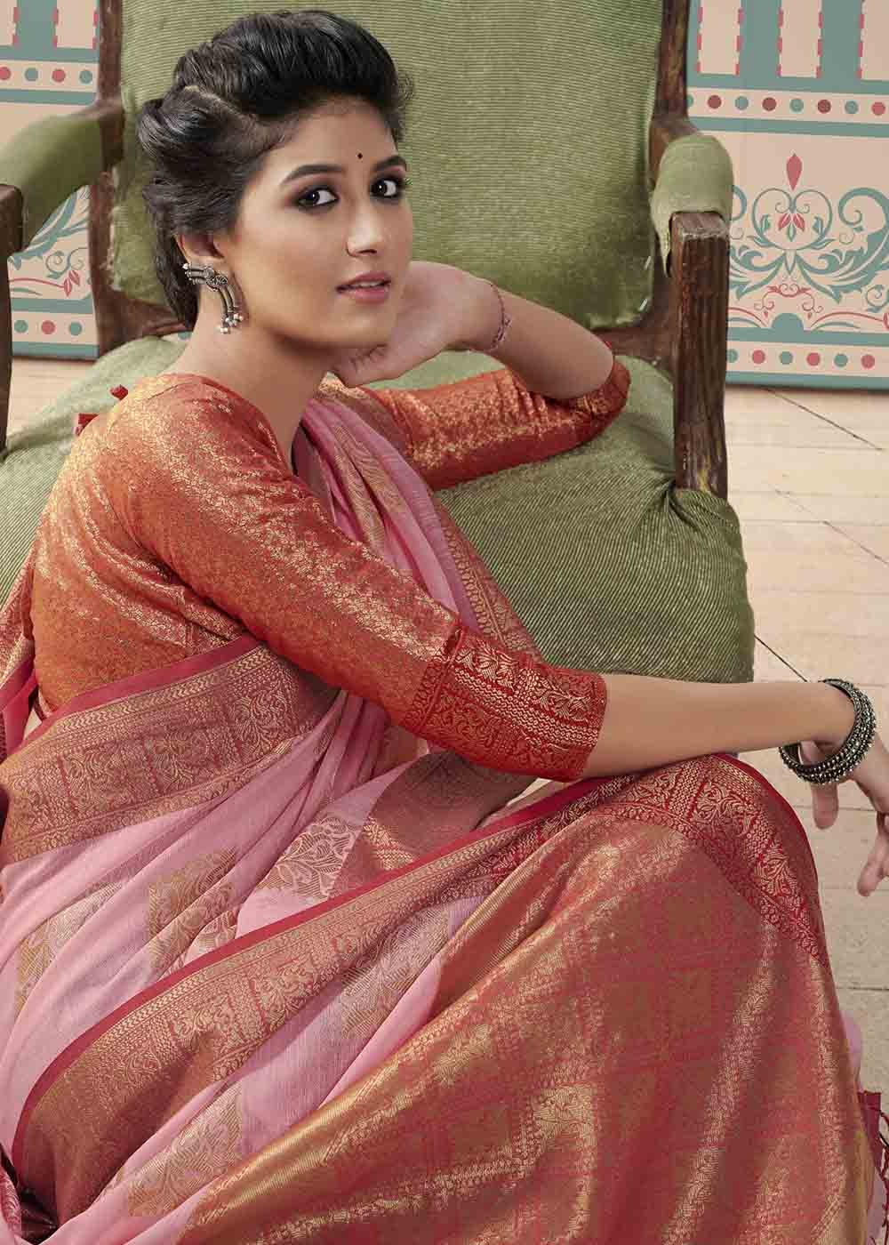 Buy MySilkLove Shilo Pink and Red Zari Woven Linen Saree Online