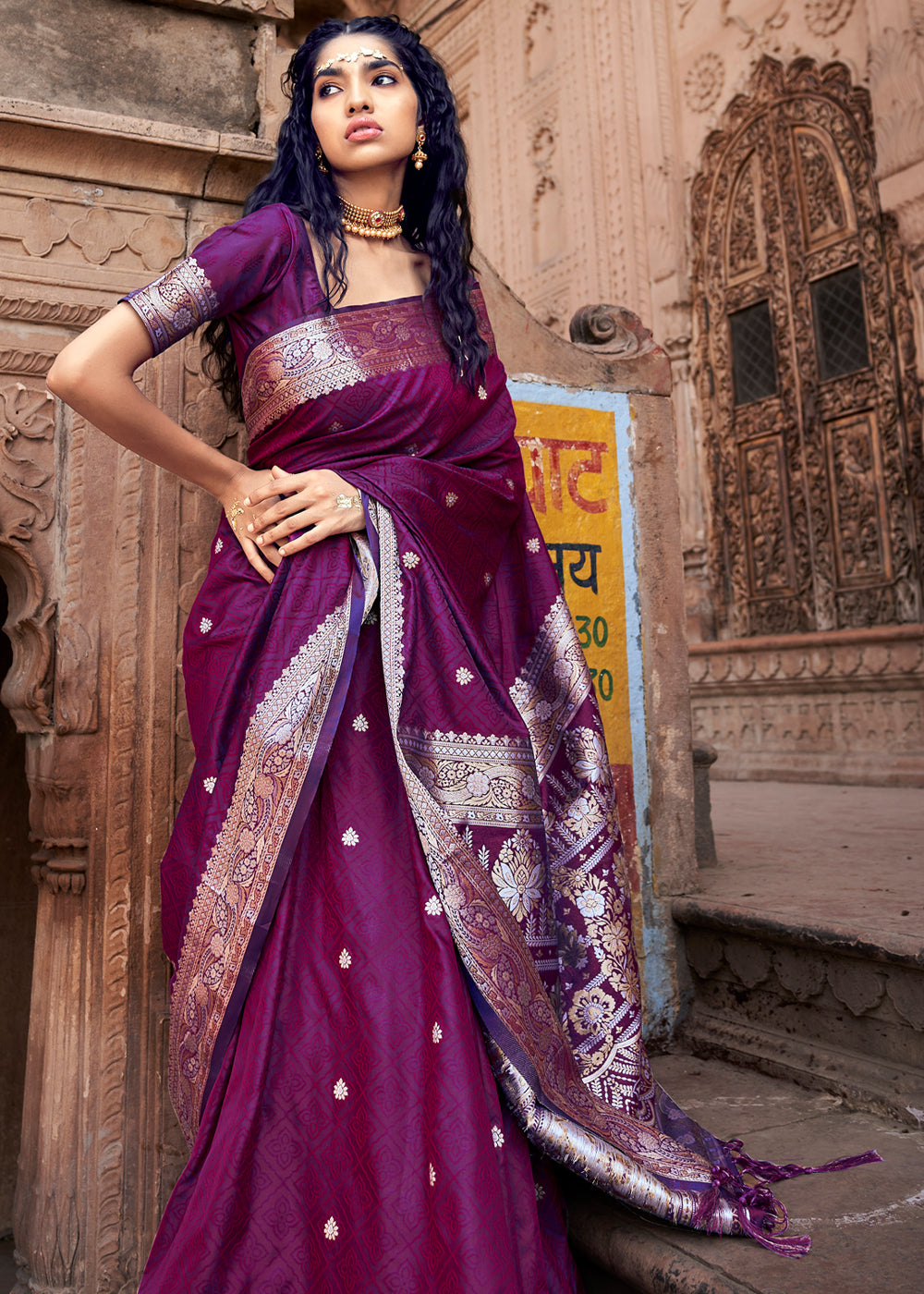 Buy MySilkLove Berry Purple Woven Banarasi Satin Silk Saree Online