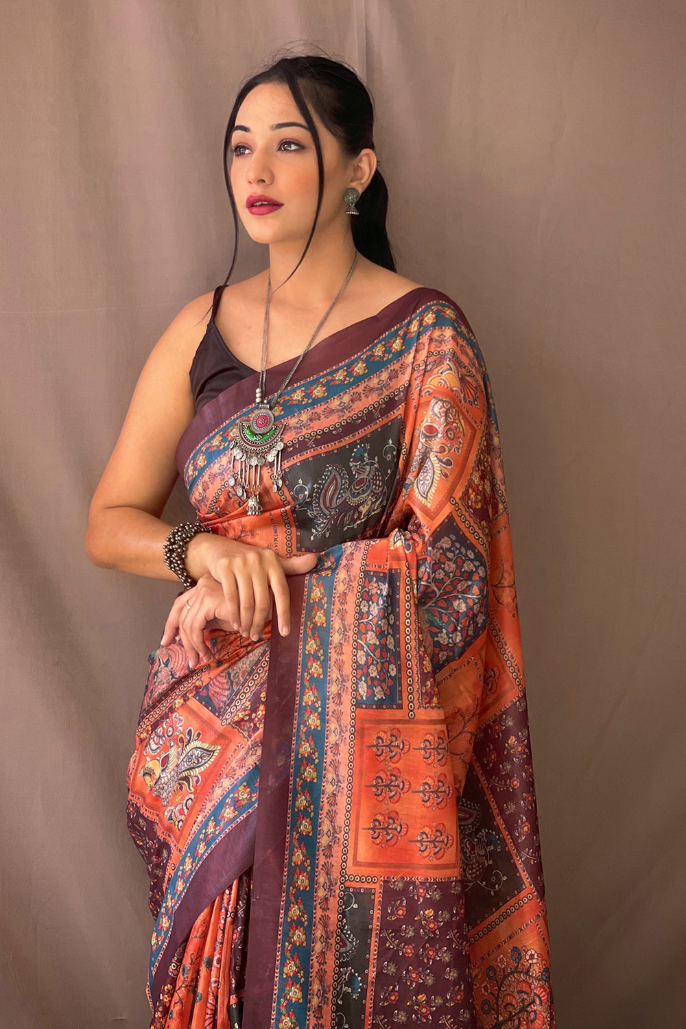 Buy MySilkLove Tangerine Orange Kalamkari Saree Online