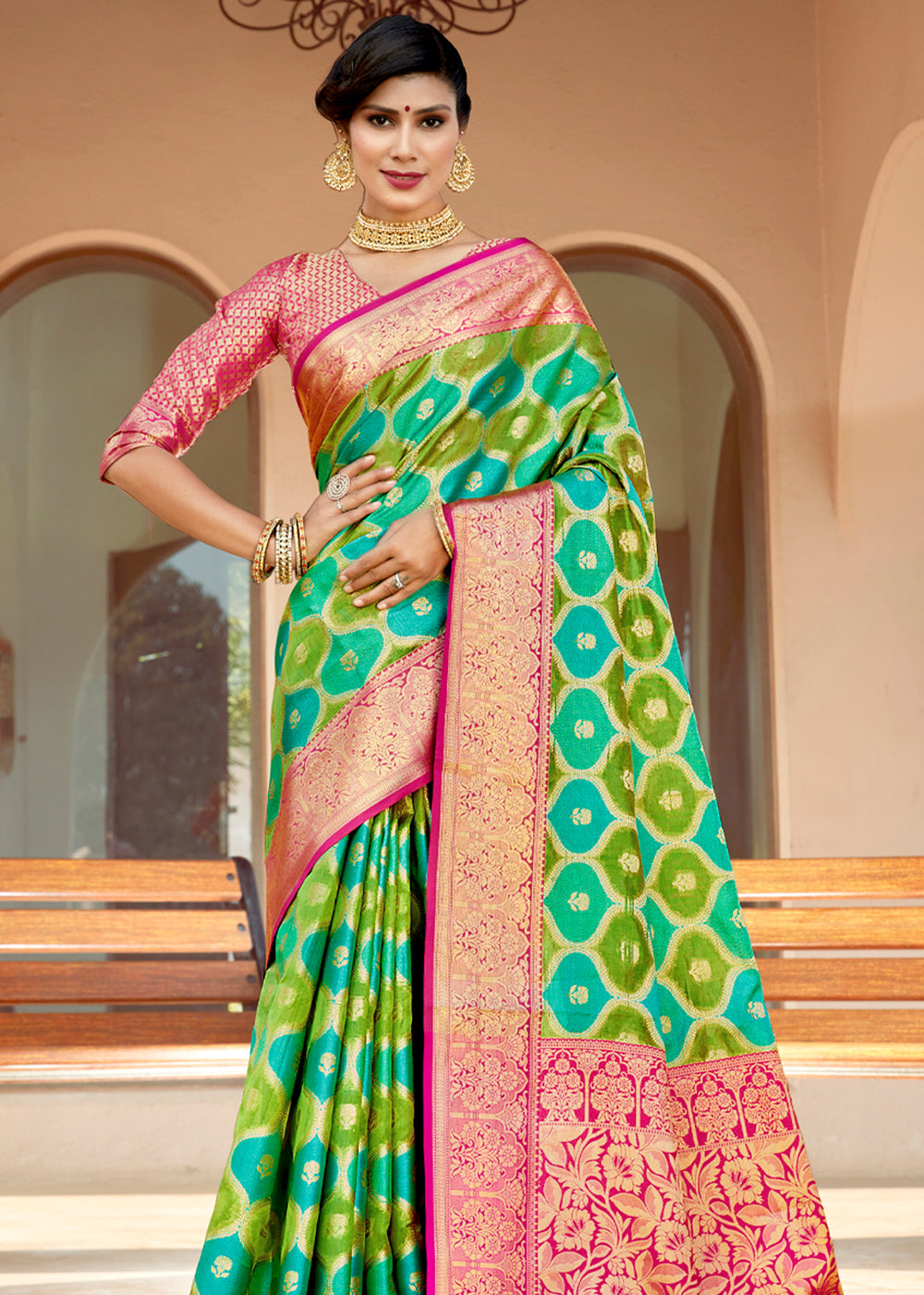 Buy MySilkLove De York Green Wonen Banarasi Rangkath Silk Saree Online