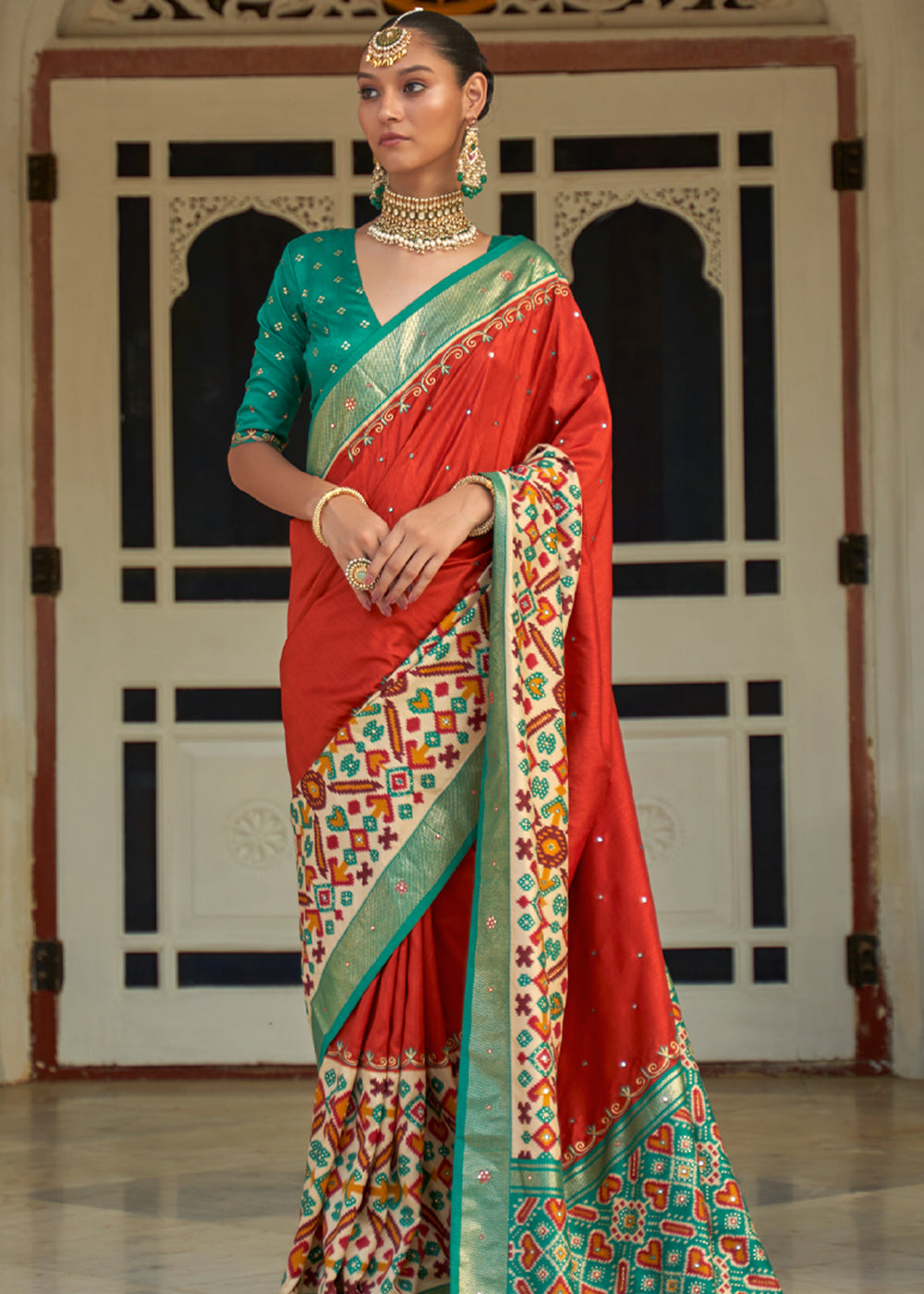 Buy MySilkLove Jasper Red and Green Woven Patola Silk Saree Online