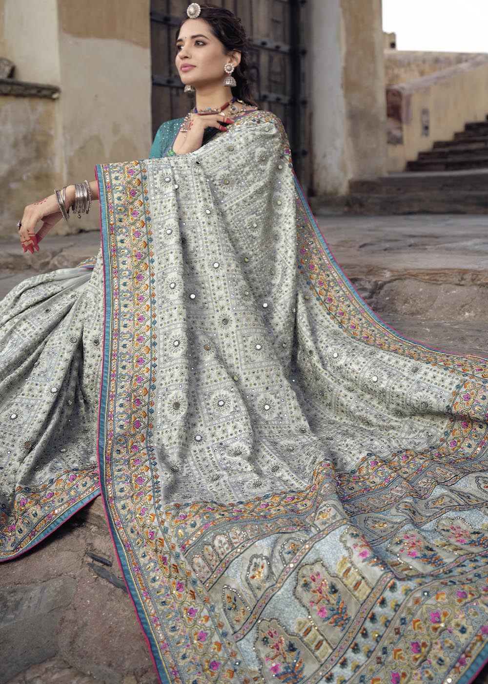 MySilkLove Delta Grey Banarasi Saree with Kachhi,Mirror and Diamond Work