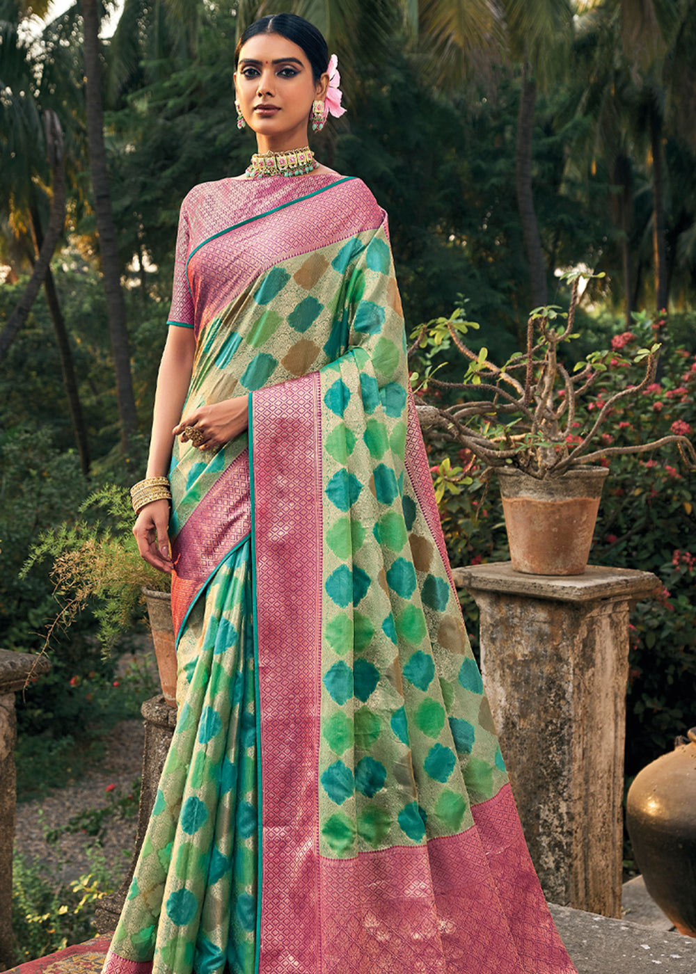 Buy MySilkLove Asparagus Green Woven Organza Banarasi Silk Saree Online