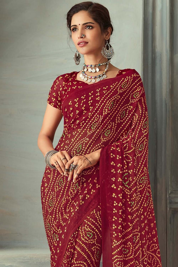 MySilkLove Crown Brown Chiffon Bandhani Printed Saree