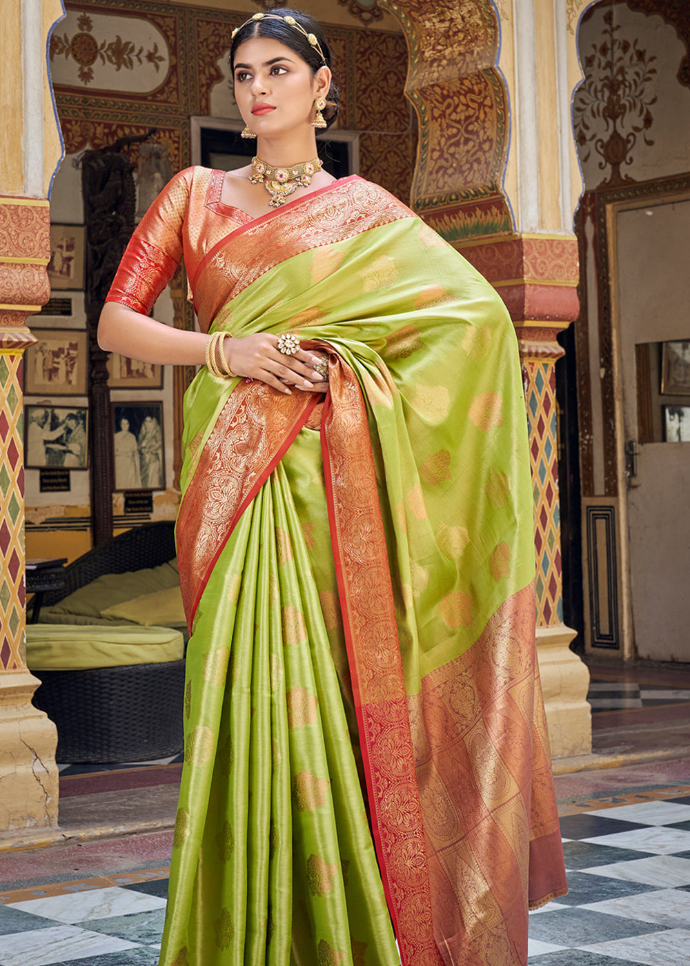 Buy MySilkLove Tacha Green Woven Banarasi Barcode Silk Saree Online