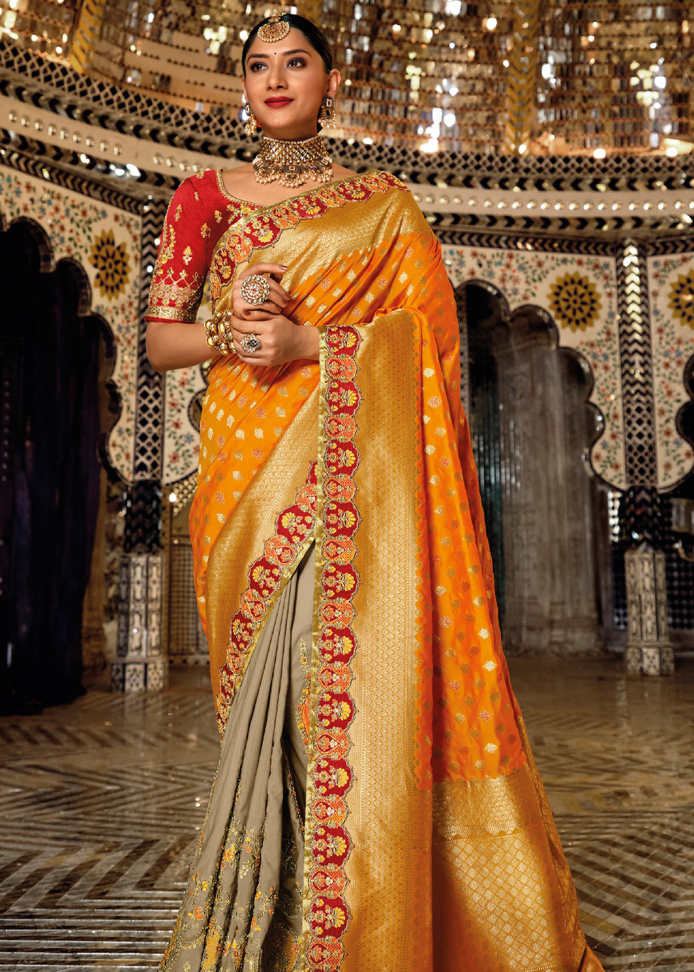 Buy MySilkLove Cedar Chest Orange Zari Woven Designer Banarasi Saree Online