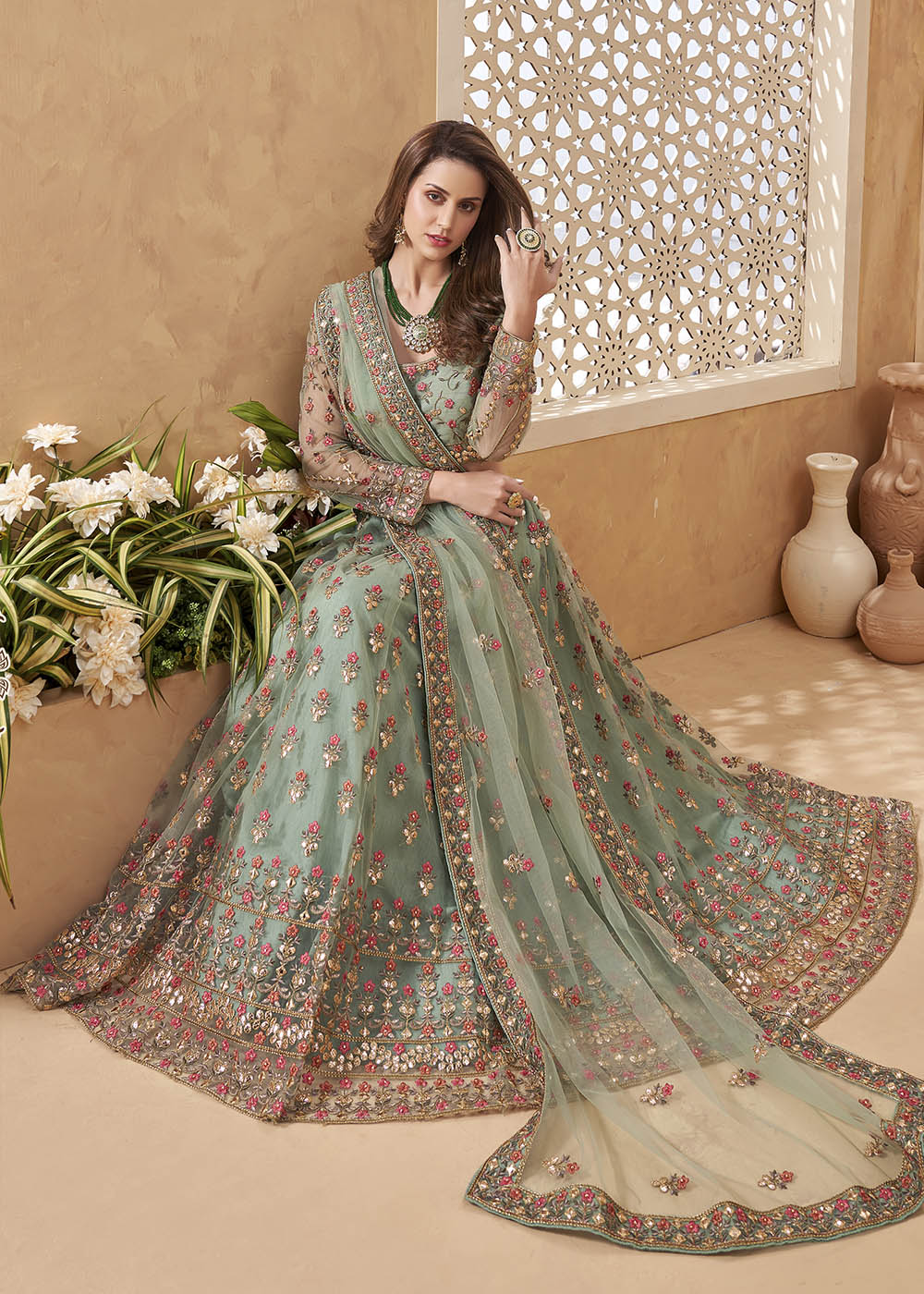 Buy MySilkLove Envy Green Designer Net Lehenga with Multi Thread Embroidery Work Online