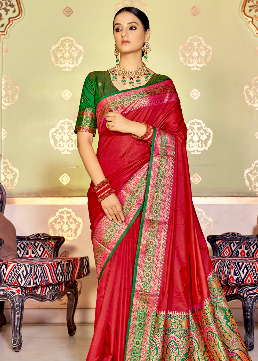 Buy MySilkLove Valencia Red and Green Zari Woven Banarasi Soft Silk Saree Online