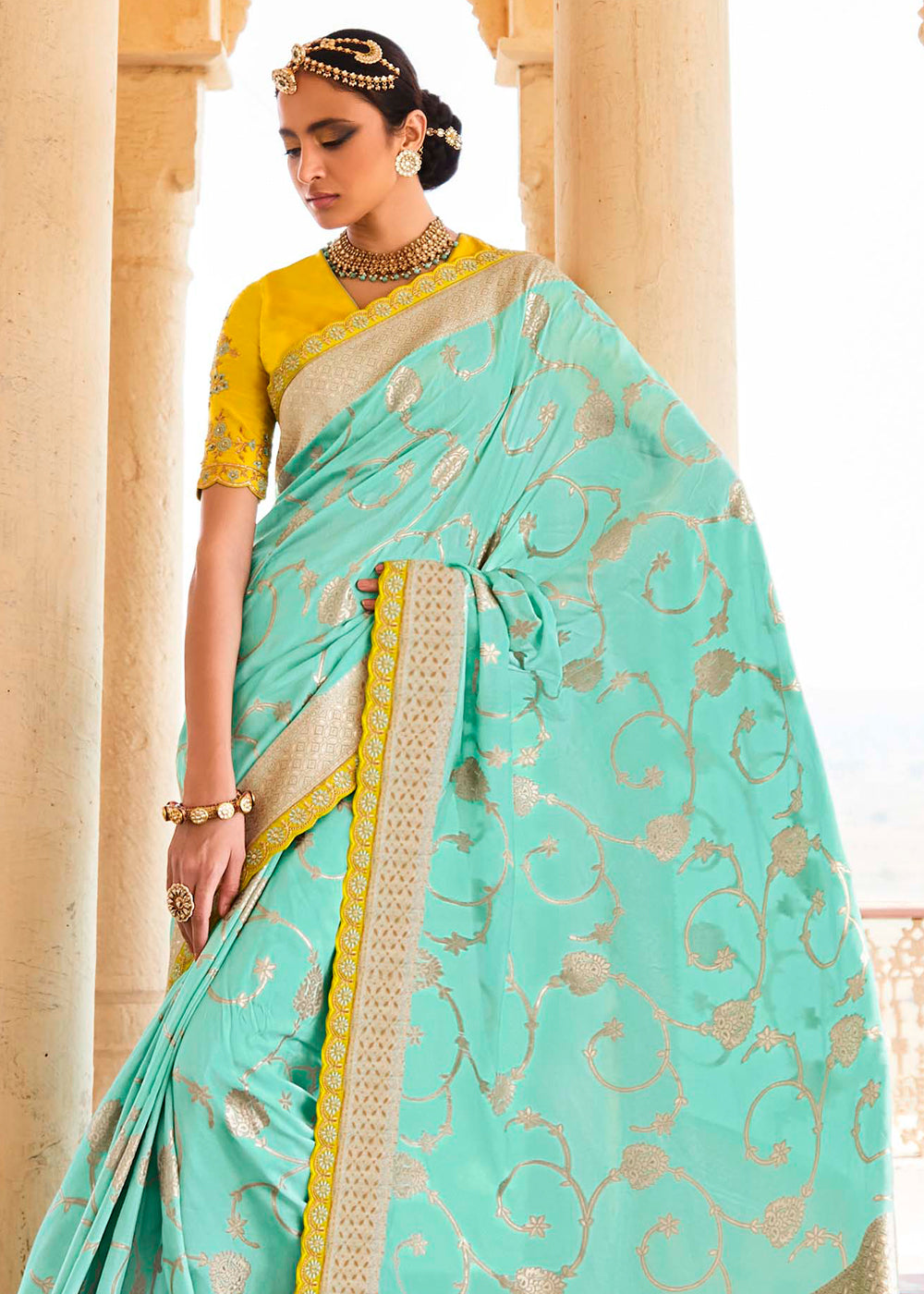 Buy MySilkLove Riptide Blue and Yellow Zari Woven Designer Banarasi Saree Online