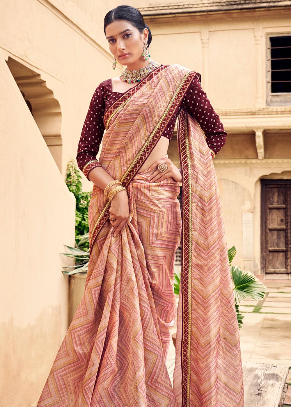 Buy MySilkLove Copper Peach Digital Printed Lehriya Silk Saree Online