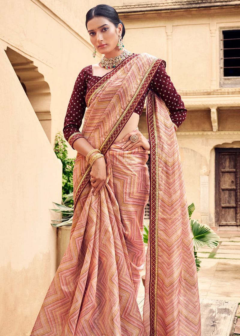 Beige Peach With Golden Pallu Handwoven Pure Tissue Pure Linen Sarees –  Dailybuyys