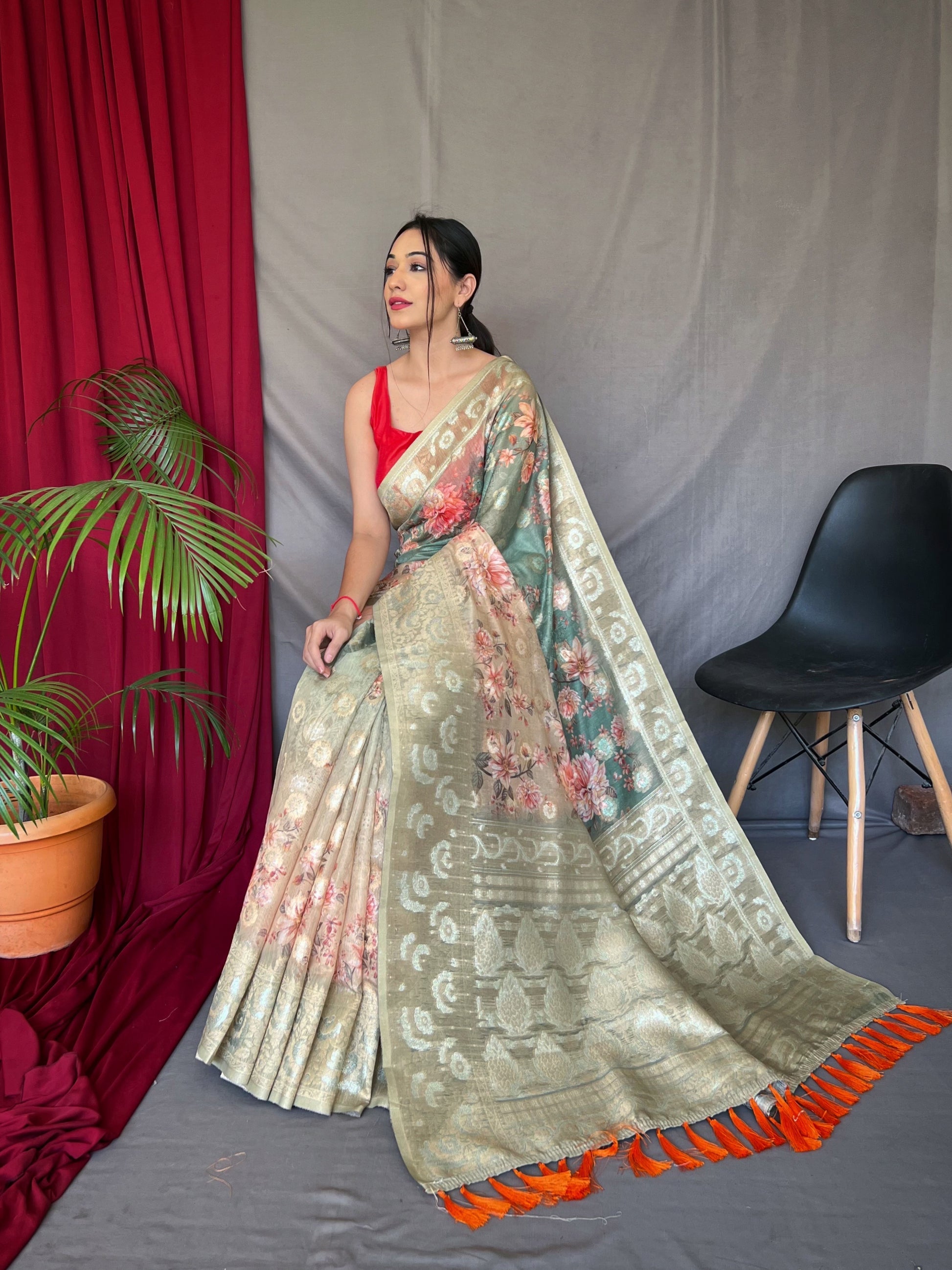 Buy MySilkLove Misty Green Banarasi Dual Tone Floral Printed Silk Saree Online