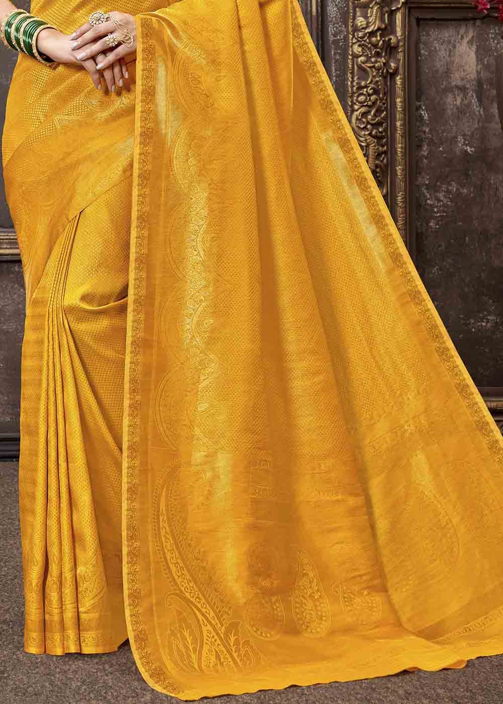 Buy MySilkLove Saffron Yellow Zari Woven Tissue Kanjivaram Saree Online