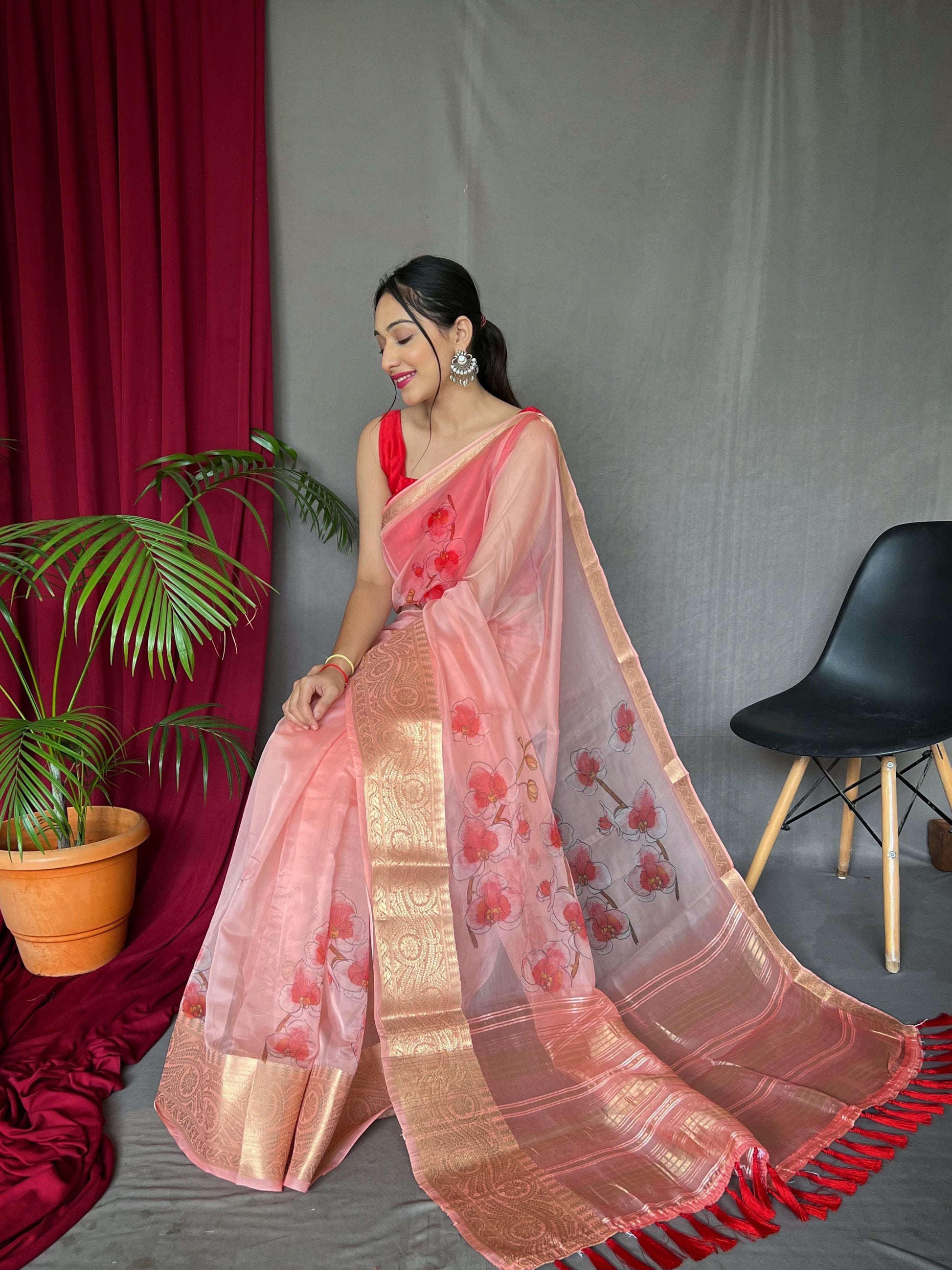 Buy MySilkLove Froly Pink Organza Digital Floral Printed Saree Online