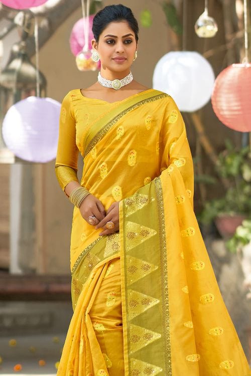 Buy MySilkLove Fuel Yellow Organza Saree Online