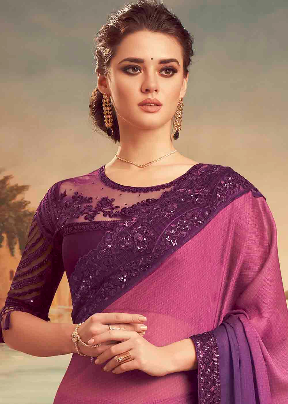 MySilkLove Camelot Pink Purple Embroidered Satin Silk Designer Saree