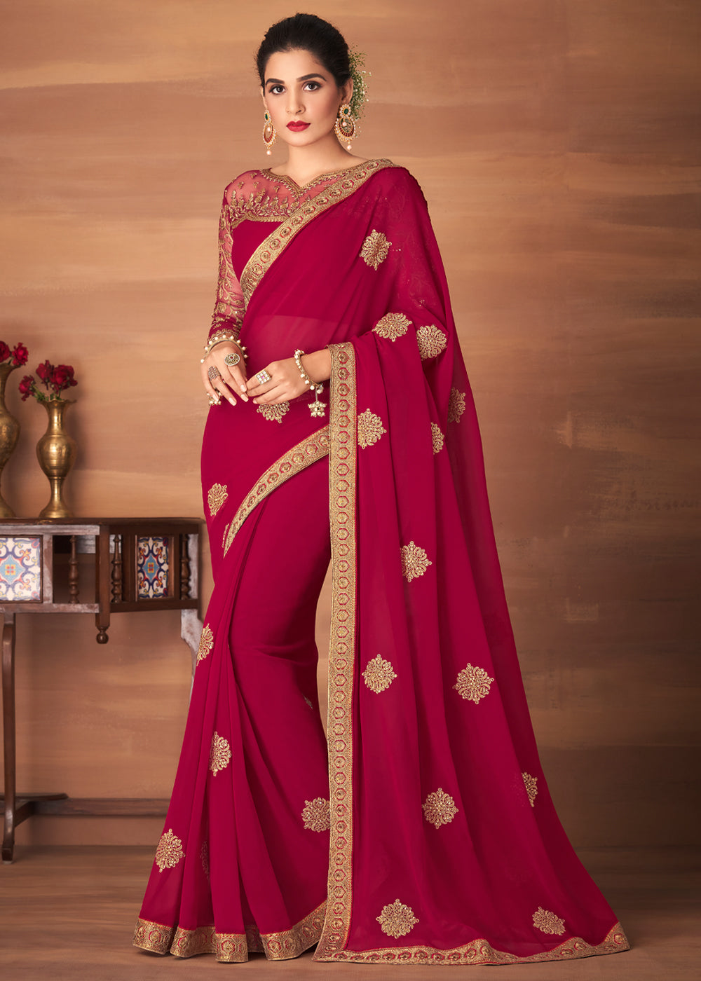 Buy MySilkLove Sweet Brown Maroon Designer Saree with Embroidered Blouse Online