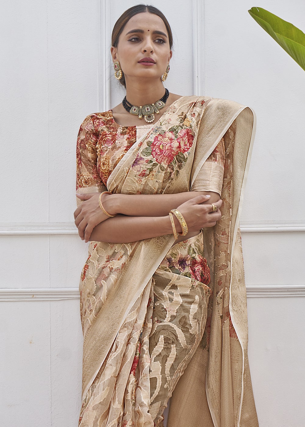 Buy MySilkLove Sandrift Brown Digital Printed Organza Silk Saree Online