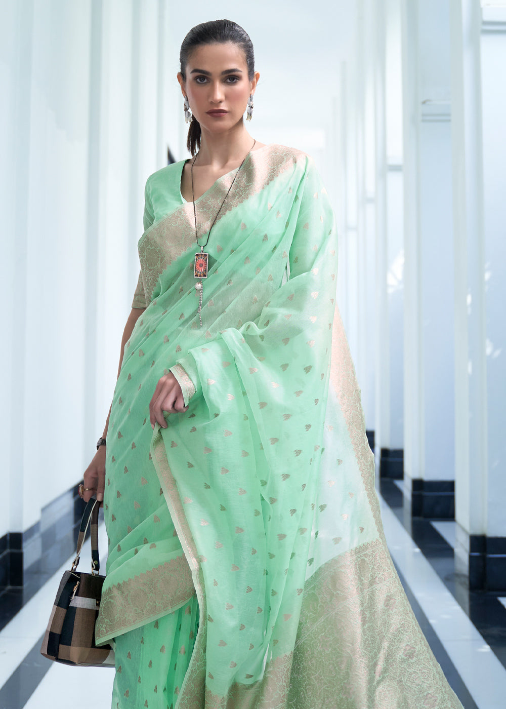 Buy MySilkLove Vista Green Zari Woven Banarasi Kora Silk Saree Online