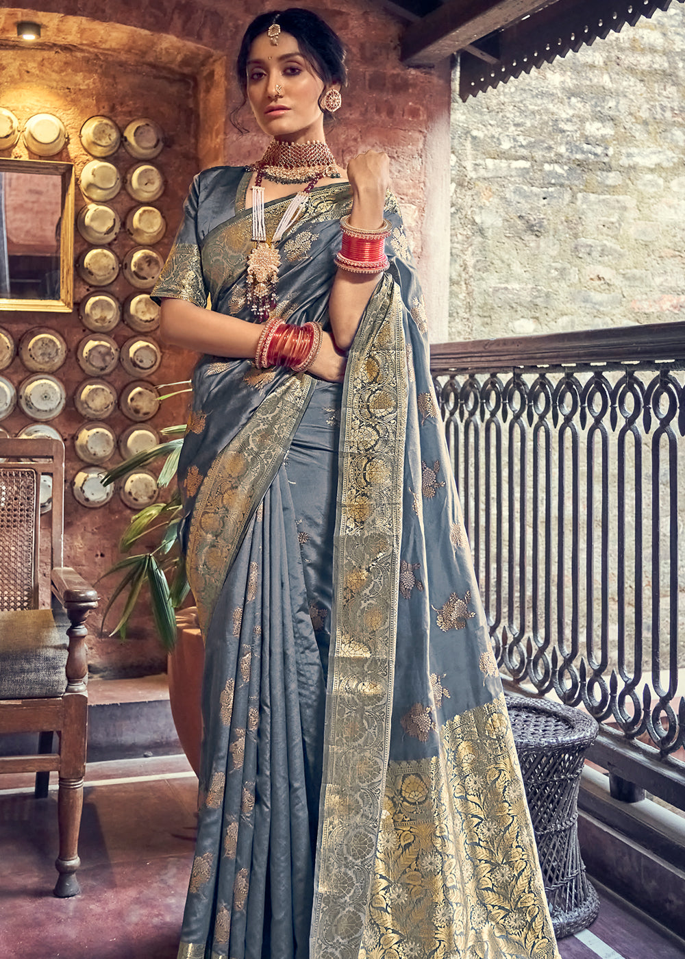 Buy MySilkLove Pale Sky Grey Zari Woven Banarasi Brocade Saree Online