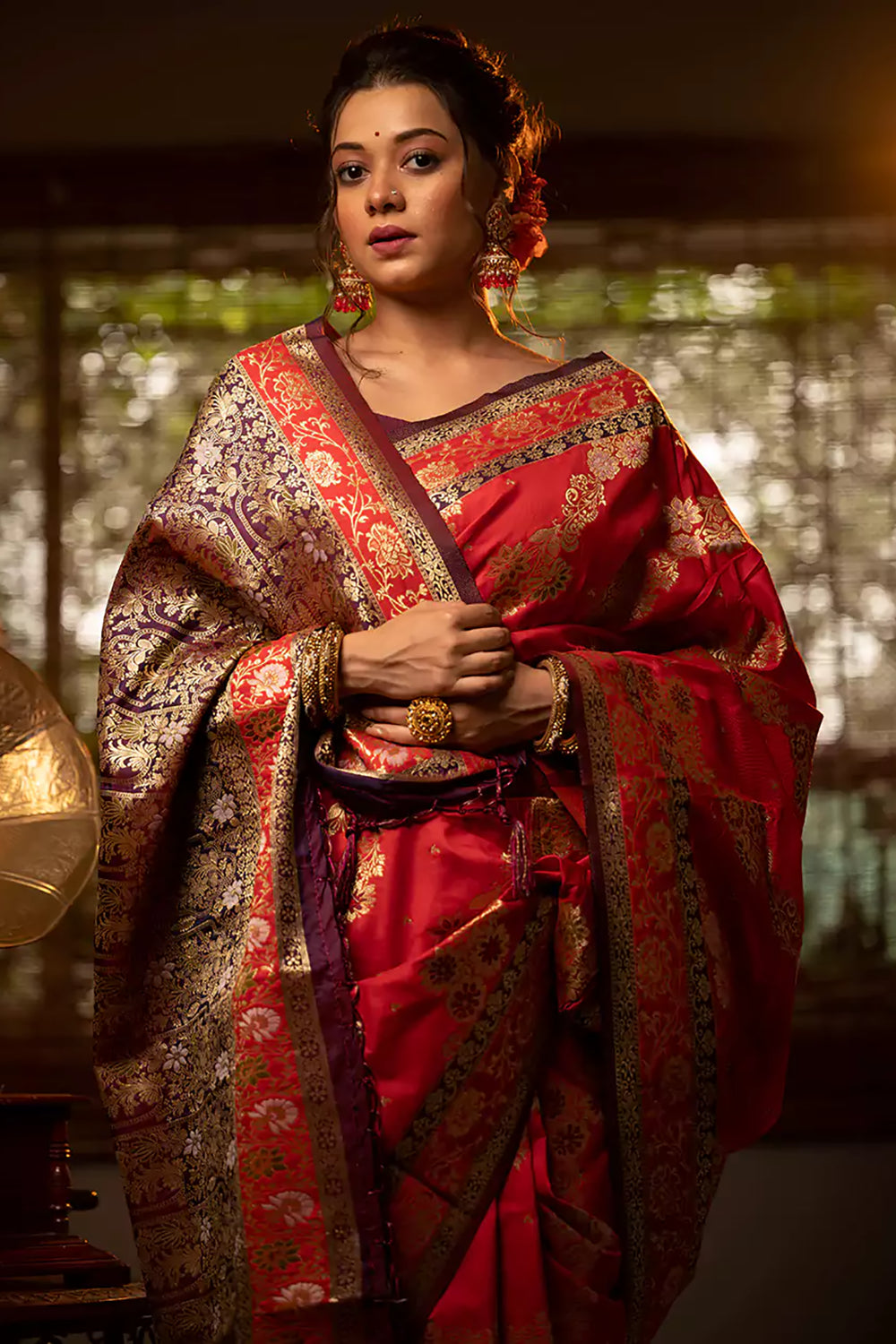 Tamarillo Red Woven Banarasi Silk Saree