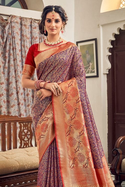 MySilkLove Rose Fog Purple and Red Zari Woven Banarasi Saree