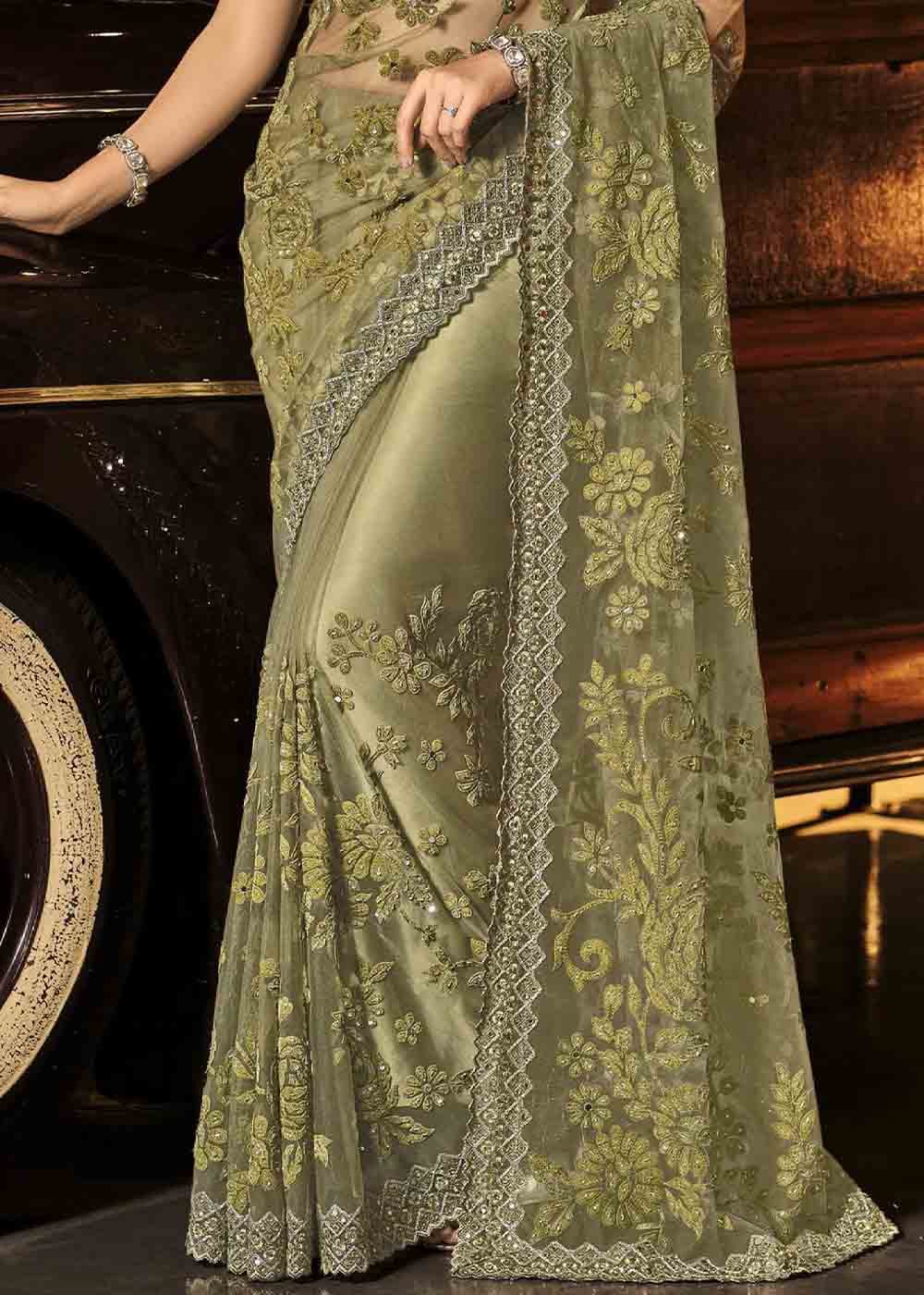 Buy MySilkLove Teak Green Heavy Work Designer Net Saree Online