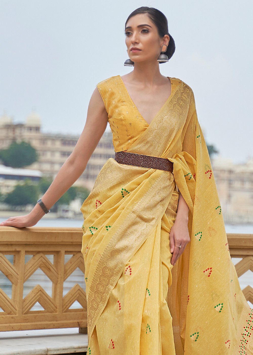 Buy MySilkLove Equator Yellow Zari Woven Banarasi Linen Saree Online