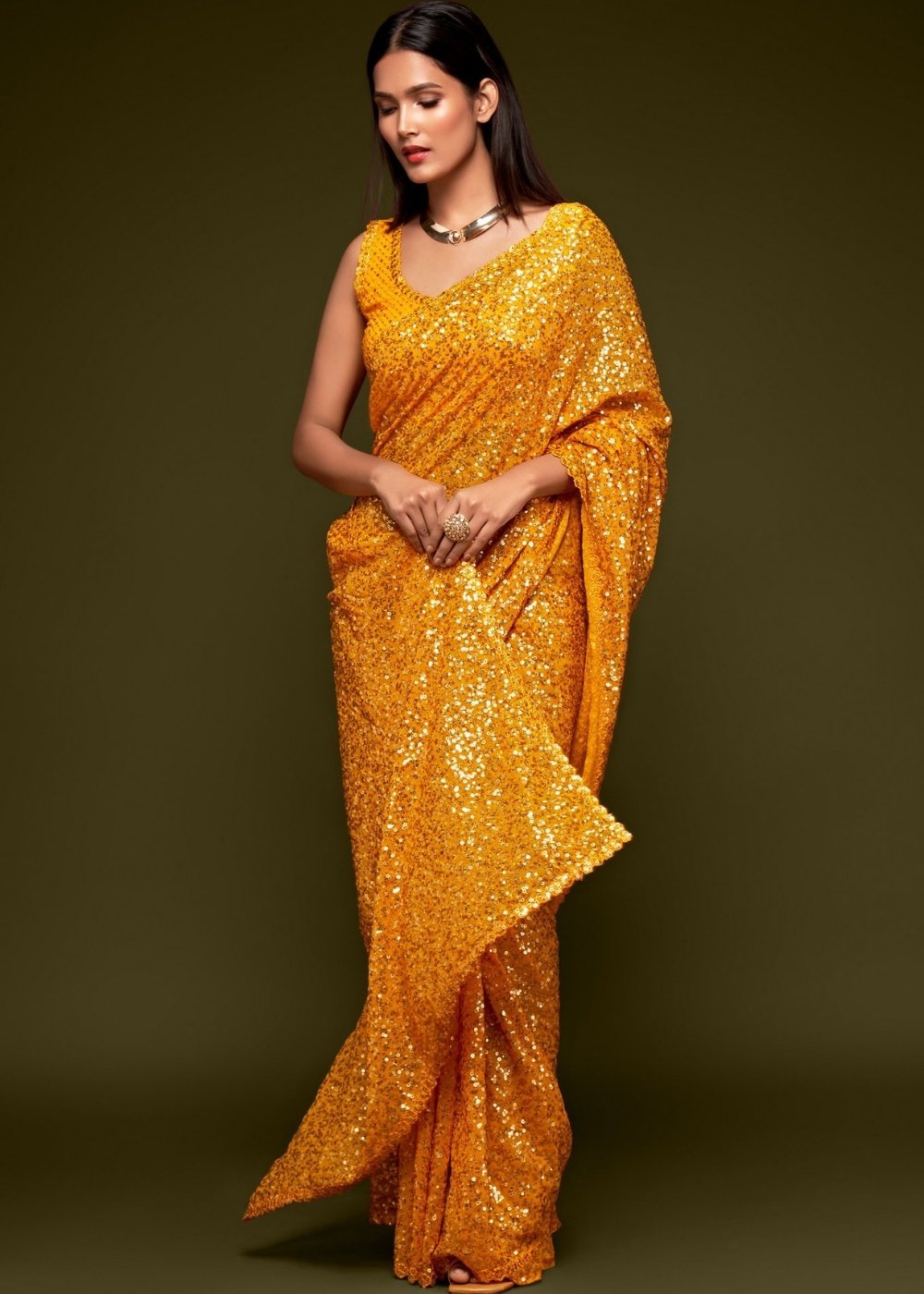 Buy MySilkLove Fire Bush Yellow Georgette Partywear Saree Online