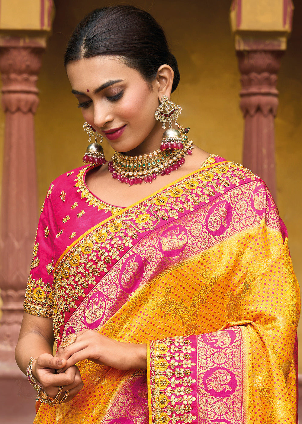 Buy MySilkLove Sea Yellow and Pink Embroidered Dola Silk Saree Online