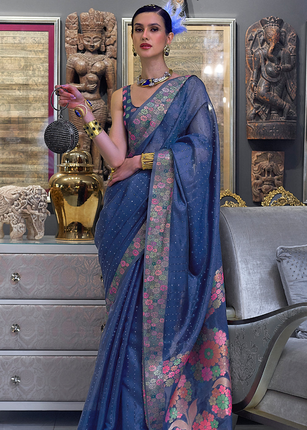 Buy MySilkLove San Juan Blue Woven Dual Tone Organza Banarasi Silk Saree Online