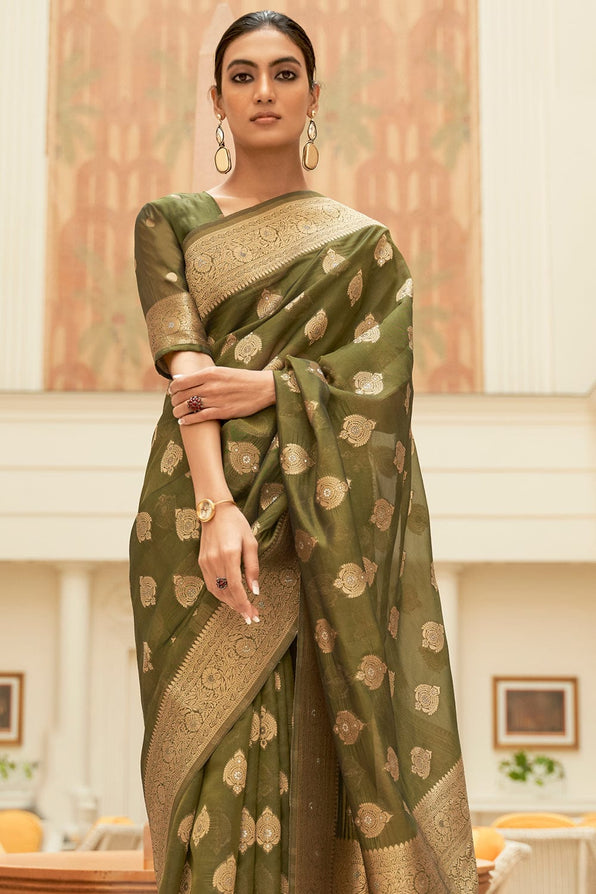 Buy MySilkLove Yellow Metal Green Zari Woven Organza Silk Saree Online