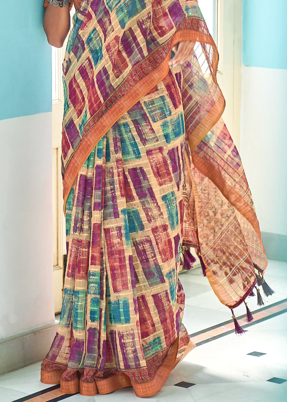 Buy MySilkLove Tan Cream Multicolor Printed Linen Saree Online