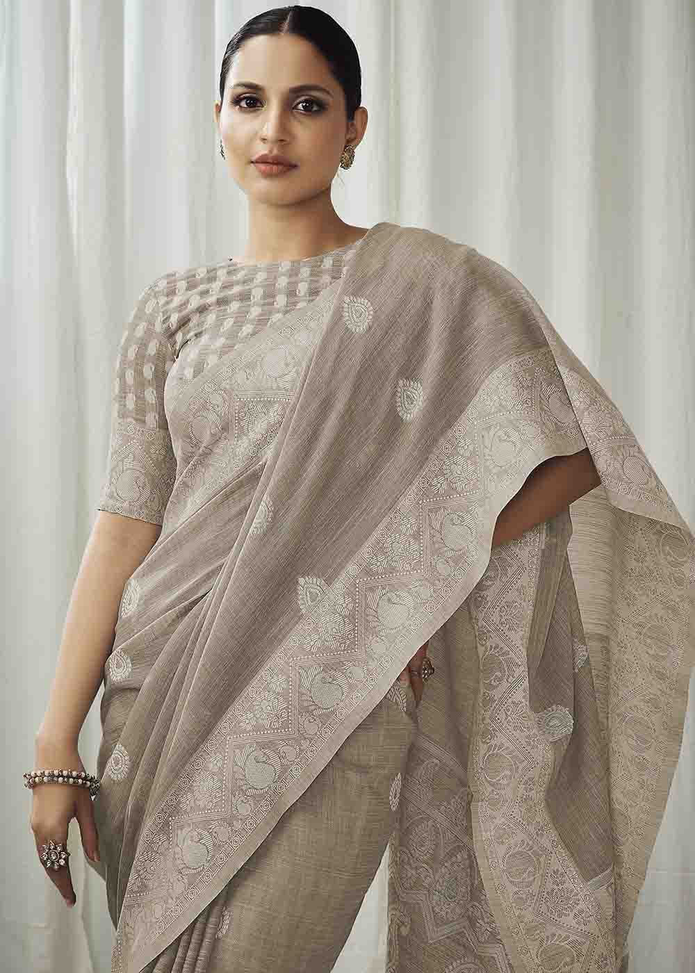 Buy MySilkLove Crocodile Grey Chikankari Linen Saree Online