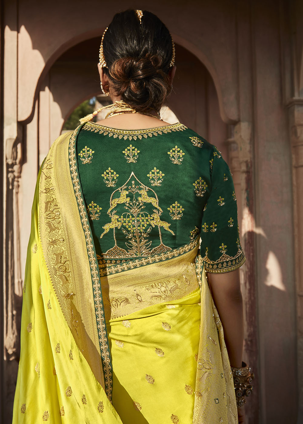 Buy MySilkLove Sunflower Green Zari Woven Banarasi Silk Saree with Embroidered Blouse Online