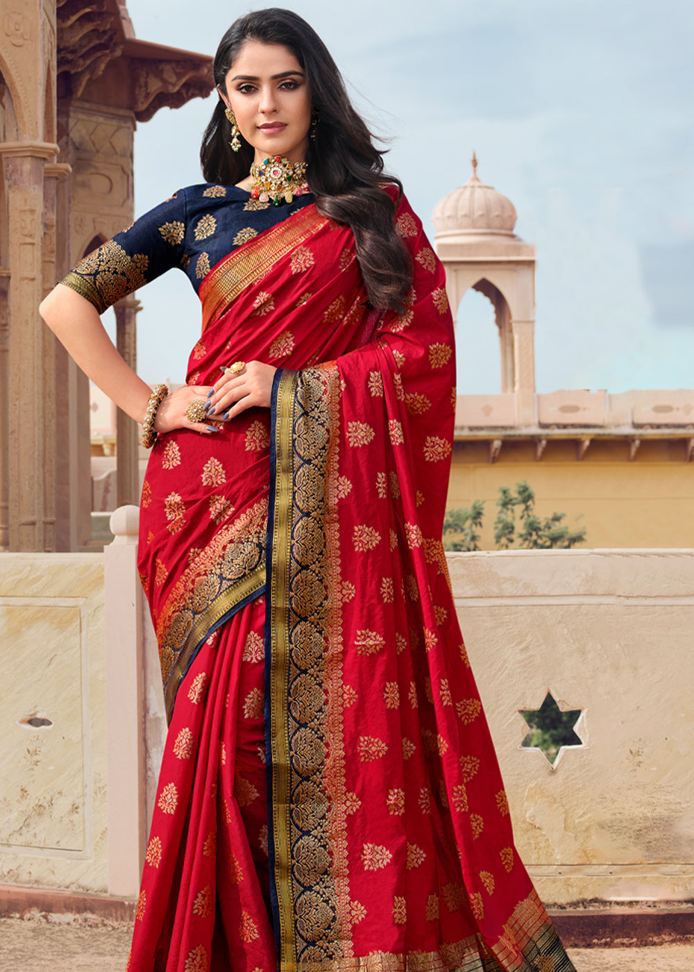 Buy MySilkLove Shiraz Red Woven Banarasi Raw Silk Saree Online