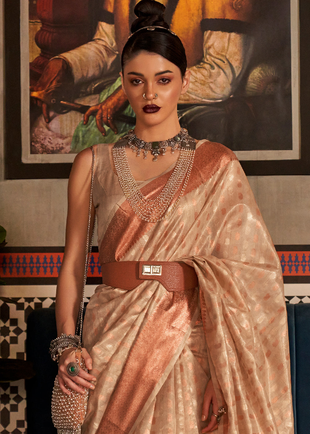 Buy MySilkLove Gold Sand Cream Zari Woven Tissue Saree Online