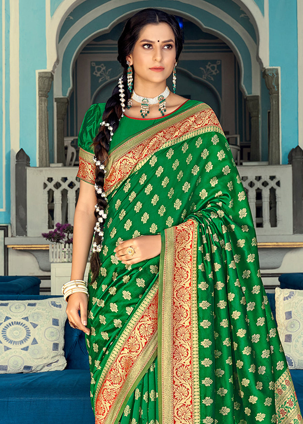 Buy MySilkLove Fern Green and Red Zari Woven Banarasi Saree Online