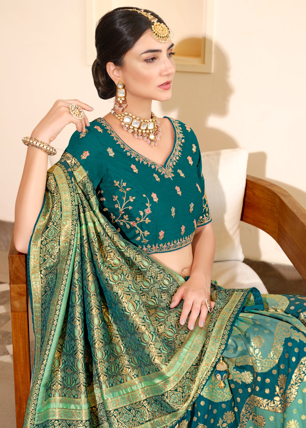 Buy MySilkLove Patina Green and Blue Woven Designer Banarasi Silk Saree Online