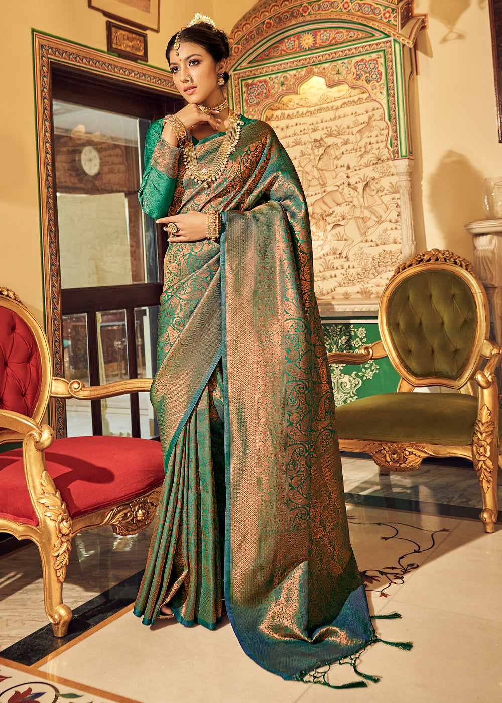 Buy MySilkLove Downy Green Zari Woven Kanjivaram Silk Saree Online