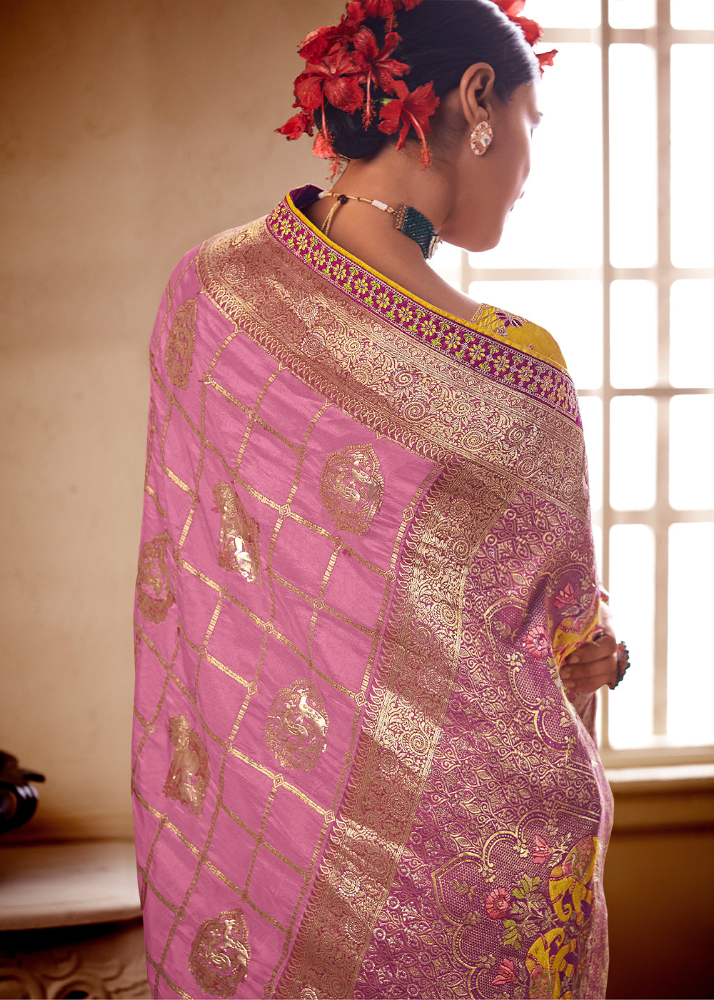 Buy MySilkLove Hopbush Pink and Yellow Banarasi Saree with Designer Blouse Online