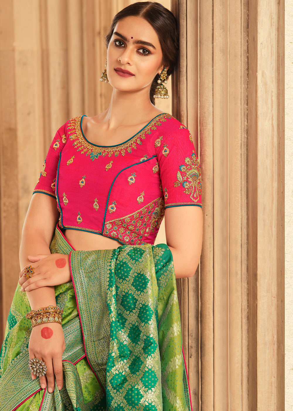 Buy MySilkLove Olive Green and Pink Zari Woven Banarasi Saree with Designer Blouse Online