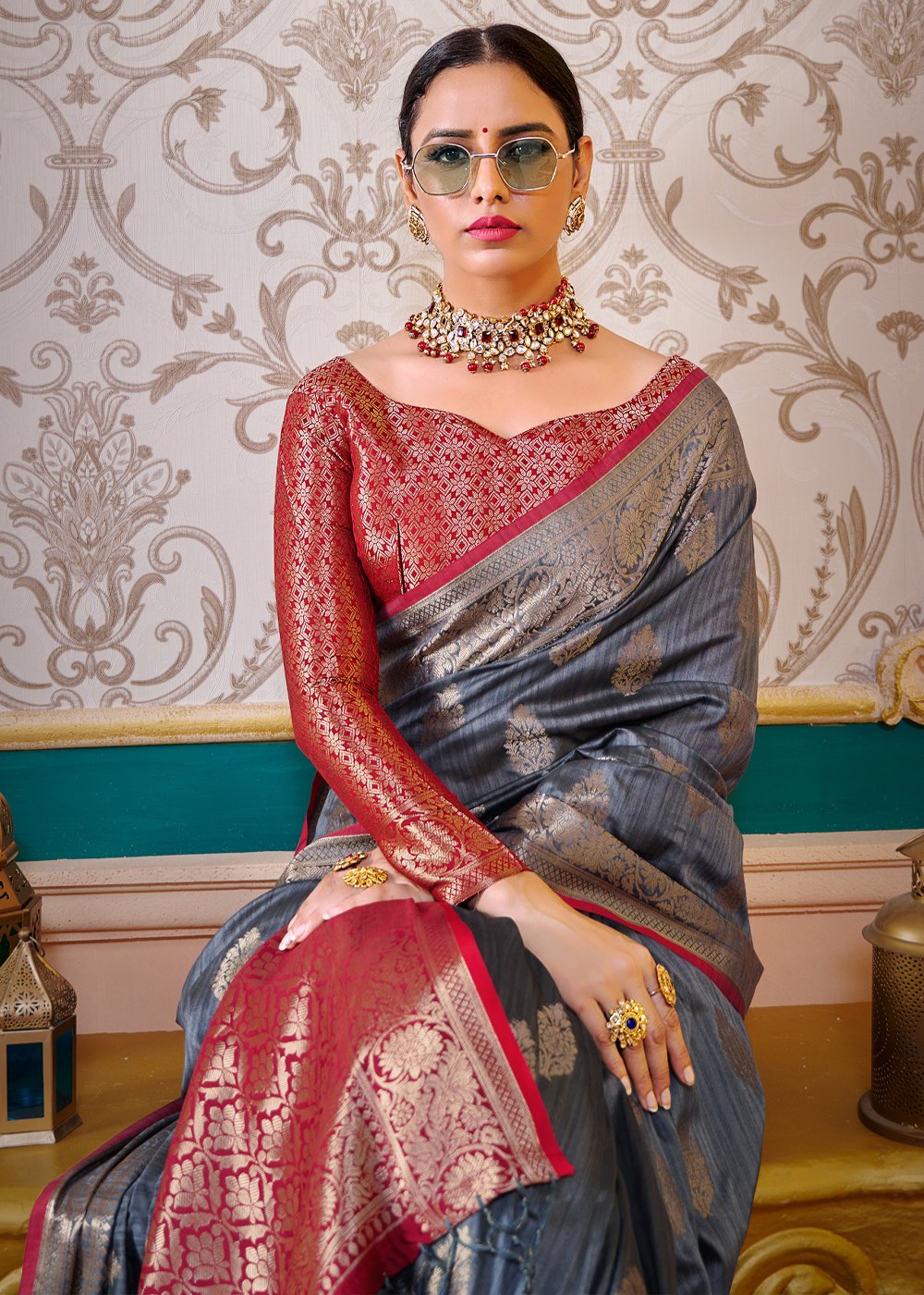 Buy MySilkLove Ship Grey Zari Woven Banarasi Saree Online