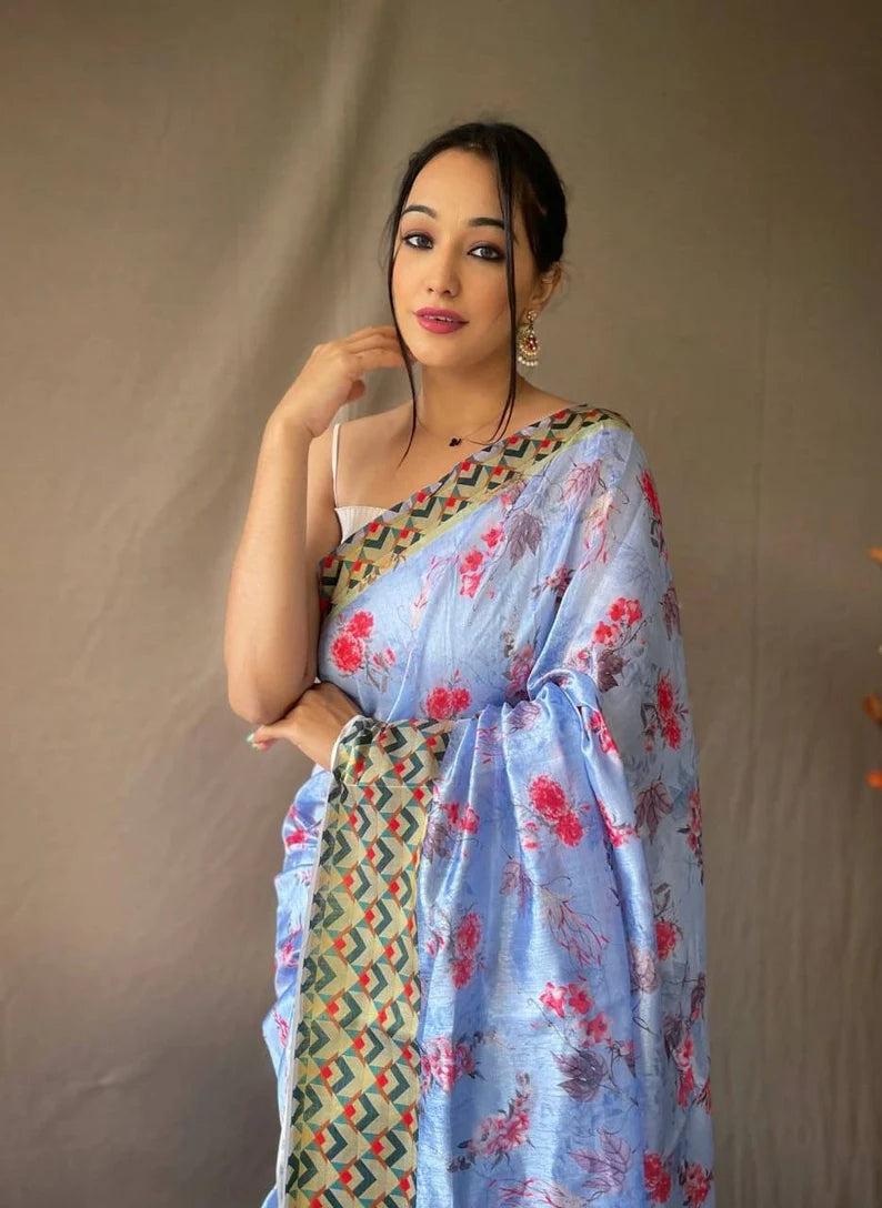 Buy MySilkLove Shadow Blue Soft Linen Cotton Saree Online