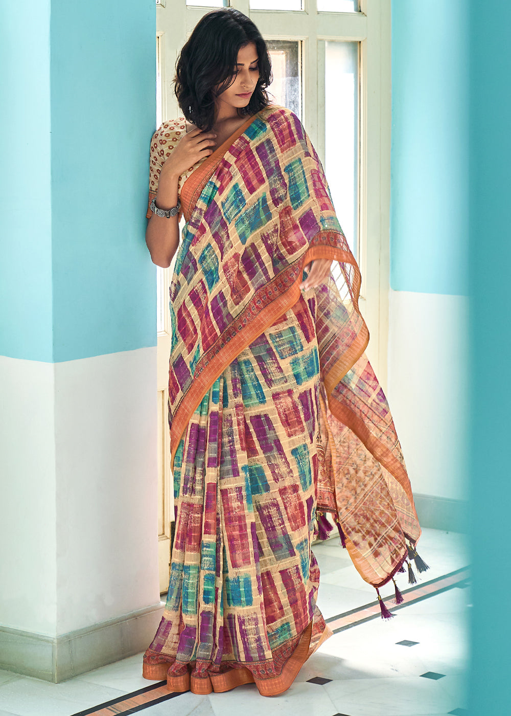 Buy MySilkLove Tan Cream Multicolor Printed Linen Saree Online