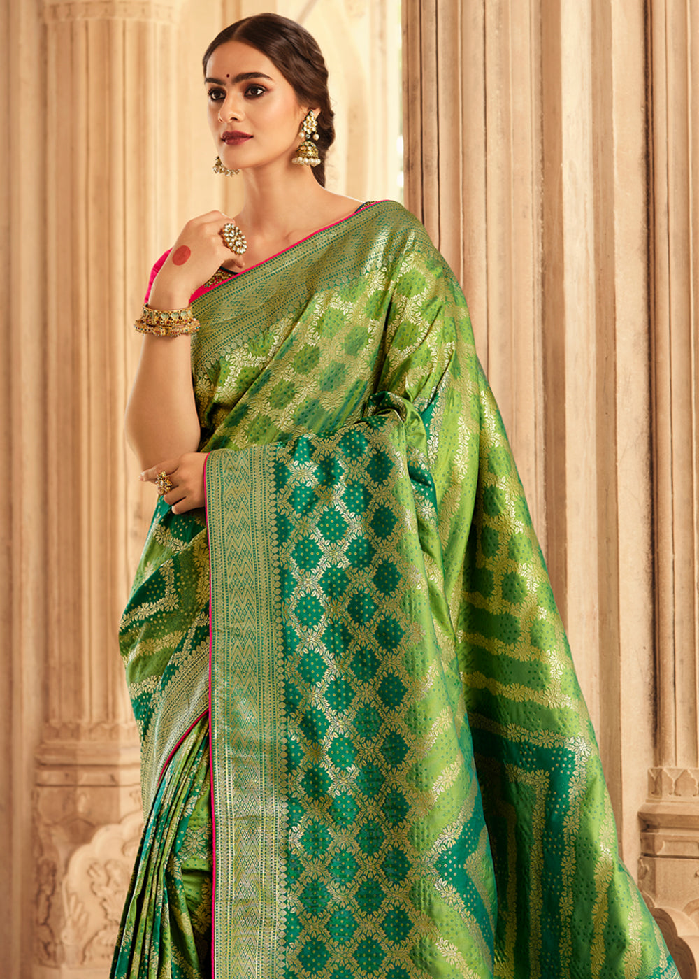 Buy MySilkLove Olive Green and Pink Zari Woven Banarasi Saree with Designer Blouse Online