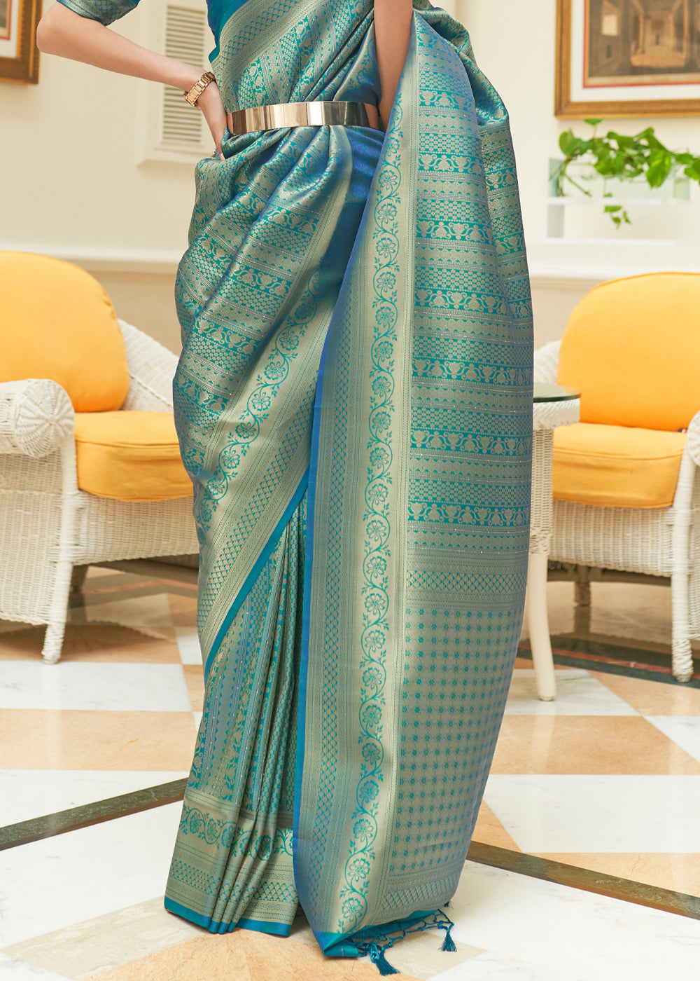 Buy MySilkLove Keppel Bluish Green Zari Woven Kanjivaram Saree Online