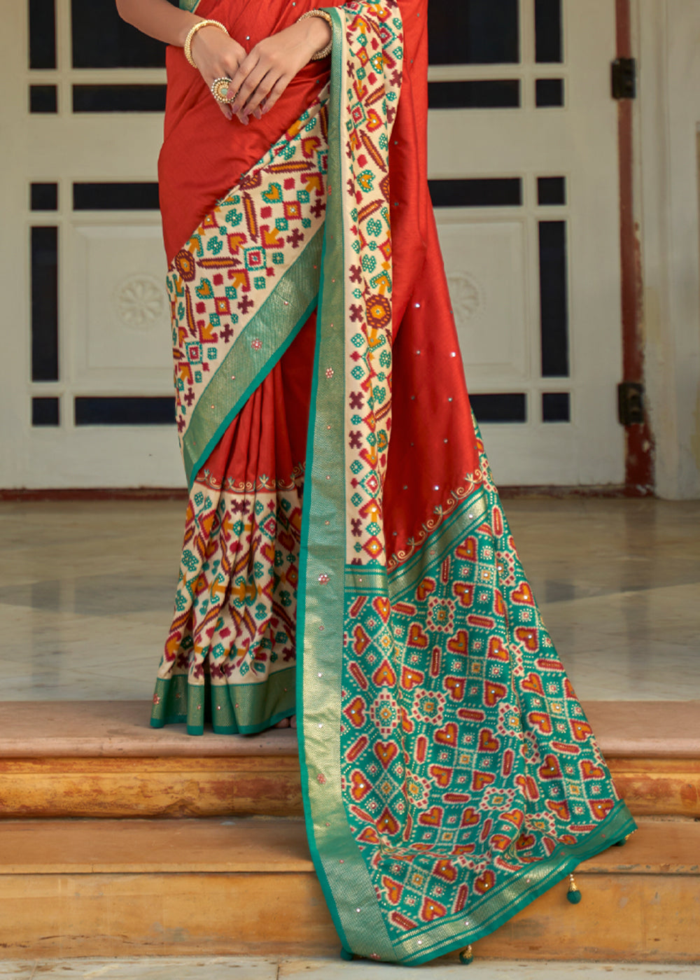 Buy MySilkLove Jasper Red and Green Woven Patola Silk Saree Online